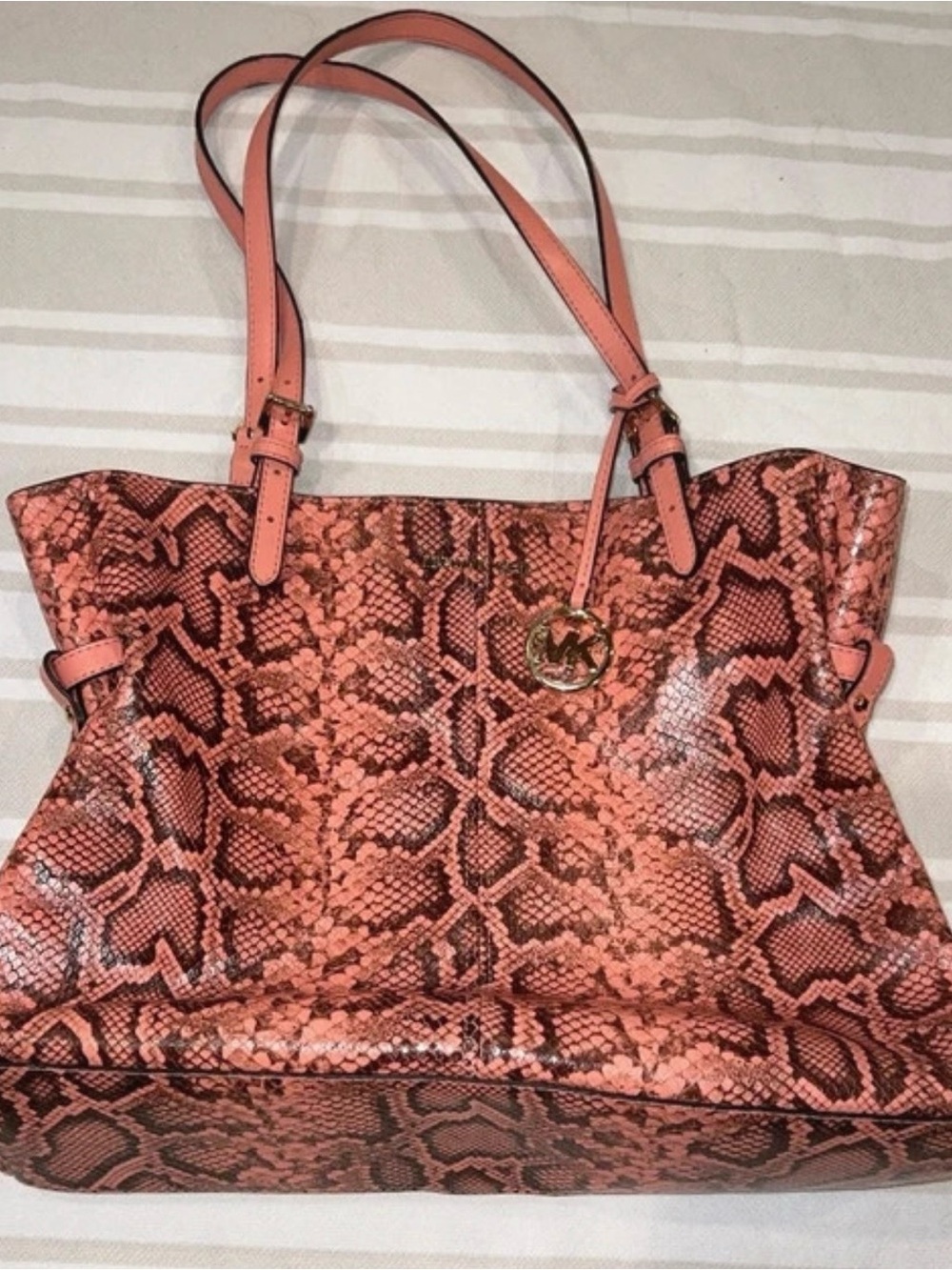 Michael Kors Coral Snake-Print Leather Tote with Gold Hardware